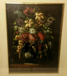 Olio su tavola del 900 Fiori 40x30 cm Firmato. Cornice Coeva - Foto 1 di 8