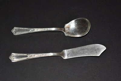 Cuchara de azúcar y cuchillo de mantequilla American Silver Company Silver Plate Dorset 1926 Foto 1 de 3