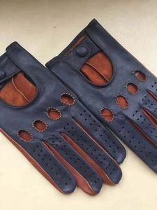 Driving Handmade Gloves Italian Genuine Leather Brown & Blue - Foto 1 di 4