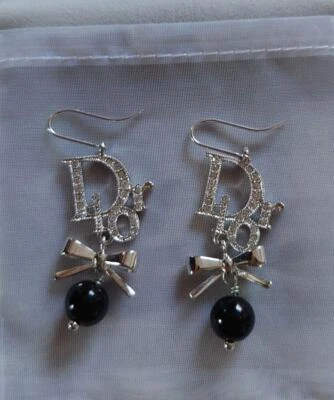 Christian Dior Trotter Oblique bow motif earrings hook black silver-tone no box - Image 1 of 3