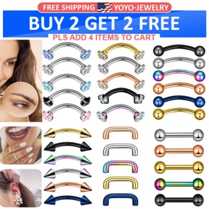 5-12PCS 316L Steel Eyebrow Piercing Curved Barbell Daith Rook Studs Earring 16G - Picture 1 of 16