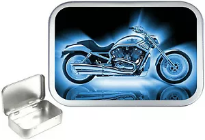 BLUE CLASSIC MOTORCYCLE 1oz SILVER HINGED TOBACCO TIN,50ml SEWING TIN,..PILL TIN - Picture 1 of 3