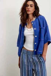 Free People Matilda Sweatshirt Buttondown Pocket Ribbed Round Neck Top M NWT - Picture 1 of 9