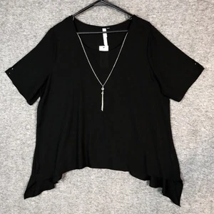 NY Collection Blouse Womens 2X Necklace Shark-Bite Chiffon S/Sleeves Black Top - Picture 1 of 9