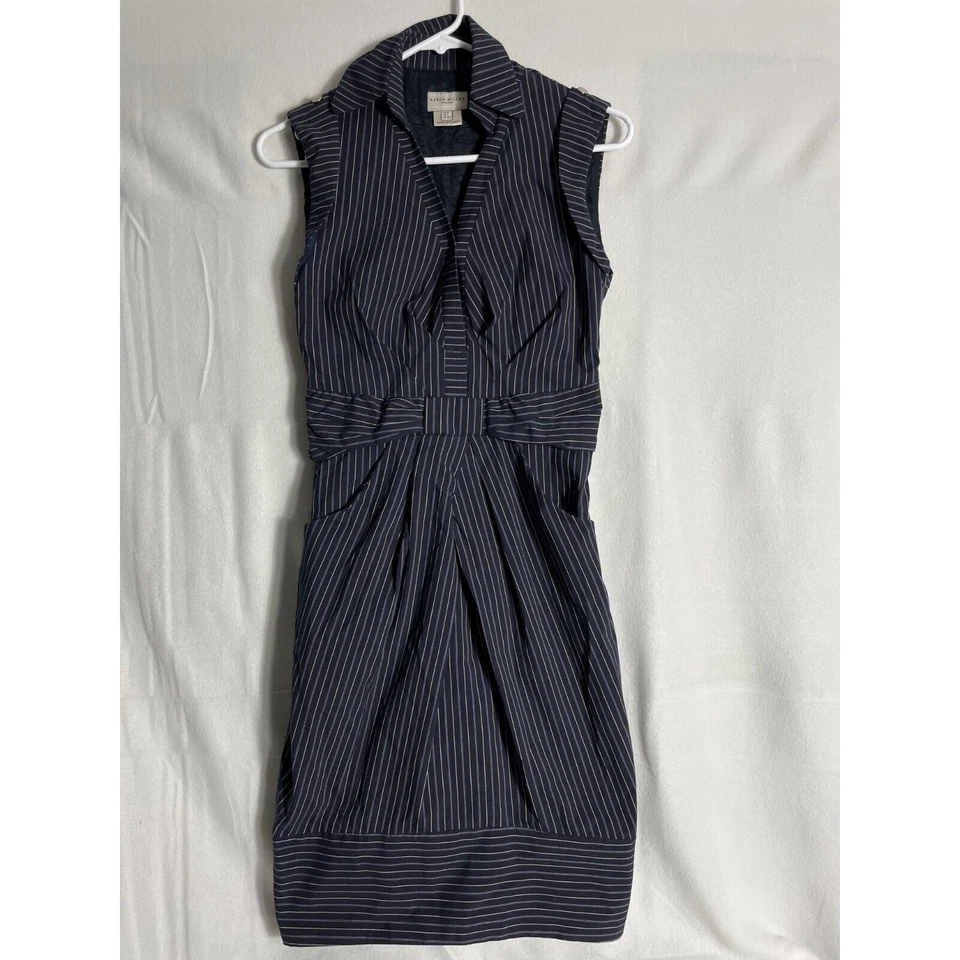 Karen Millen England Sz 2 Navy Pinstripe V Neck Bodycon Sheath Pencil Dress - Image 1 of 4