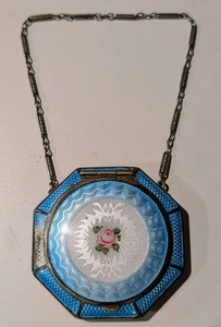 Antique Compact Guilloche Enamel Octogan Shape Vanity Powder Box - Picture 1 of 6