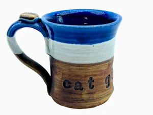 Studio Pottery Coffee Tea Mug Cat Girl Thumbprint Handle & Paw Prints Signed 4" - Picture 1 of 7