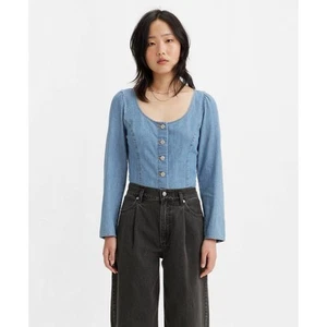 Levi's Women's Scoop Neck Button Up Corset Blouse Basic Cropped Fitted Cut - Picture 1 of 7