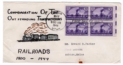 #922 Transcontinental Railroad 1944 FDC Ogden UT Parker Hand-Painted - Image 1 of 2