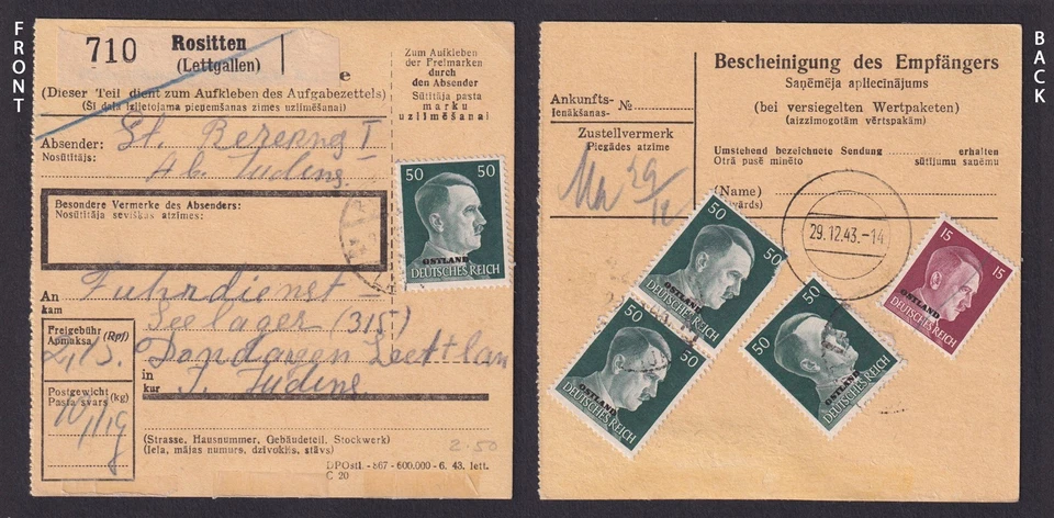 LETONIA 1943 Ostland, paquete tarjeta de Rositten (Rezekne), Segunda Guerra Mundial Foto 1 de 3
