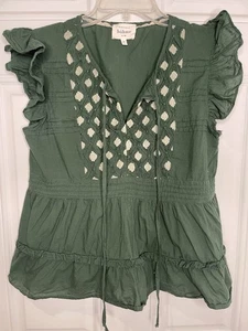 Bohme Blouse Women's Medium Pesto Green Tie Crochet Flutter Sleeve Tiered Top - Picture 1 of 5
