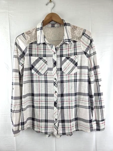 Vanity Linen Blend Lightweight Blue Plaid & Lace Women's Button Up Shirt M - Picture 1 of 14