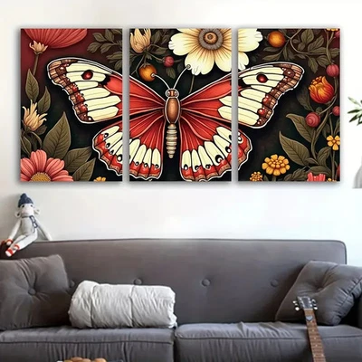 3pcs Vibrant Butterfly & Floral Wall Art Canvas Unframed/Framed - Image 1 of 4