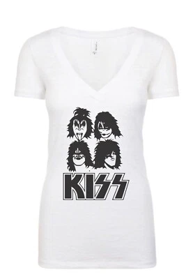 Kiss rock band stripe texture printed V- neck T-shirt soft and thin - Image 1 of 3