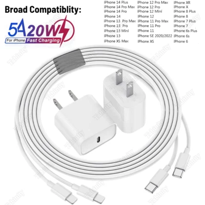 Fast Charger Cable PD 20W USB-C Power Adapter For iPhone 14 13 12 11 Pro XR X 8 - Image 1 of 4