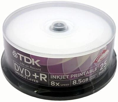 25 Genuine TDK DVD+R Doube-Layer DL 8.5GB Inkjet Printable Full Face White Top - Image 1 of 4