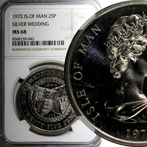 Isle Of Man  1972 25 Pence 25th Wedding NGC MS68 TOP GRADED KM# 25 (43) - Picture 1 of 5