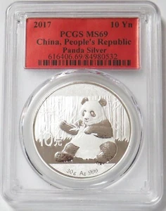 2017 SILVER CHINA 10 YUAN 30g PANDA RED LABEL COIN PCGS MS 69 - Picture 1 of 2