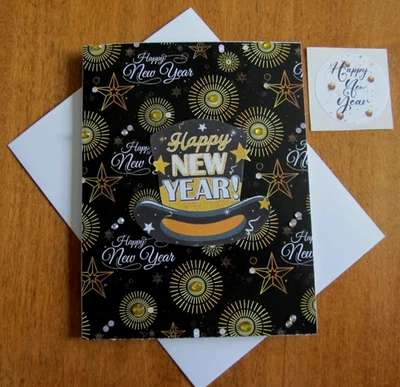 Handmade New Year Greeting Card w Verse, Env, Seal - Happy New Year's Hat - Image 1 of 4