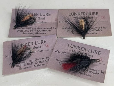 Señuelos para moscas vintage PHILLIPS BAIT CO. “Lunker-Lure Hackle Gnat”, nuevos en tarjetas-AL. Foto 1 de 4