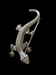 Silver 925 Marcasite Vintage Lizard Gecko Brooch Pin Green Eyes, Hallmarked - Picture 1 of 6