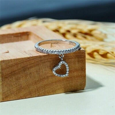 3Ct Round Cut Simulated Diamond Dangle Heart Ring 14k White Gold Plated Silver - Image 1 of 4
