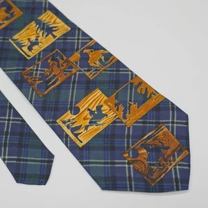 Structure Blue Green Plaid Cowboy Novelty Print Short Wide Silk Tie Italian - Picture 1 of 6