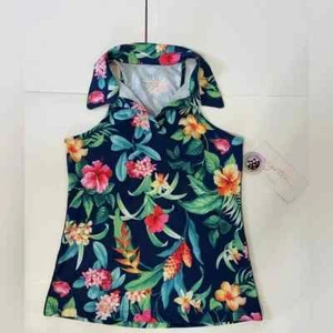 NWT GOTTEX Navy Blue Botanical Racerback Sleeveless Golf Tennis Polo Shirt L XL - Picture 1 of 2