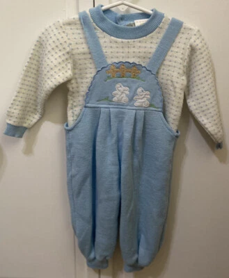 Vintage Winnie the Pooh Baby Boy Sweater Overall Romper 2pc Set SMALL15-19LBS. - Image 1 of 4