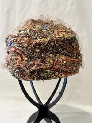 Sombrero Shorlan vintage cachemir con red bronceada marrón naranja cuentas multicolores Foto 1 de 4