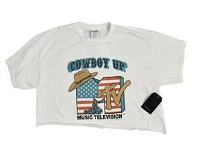 MTV Junk Food Graphic Cowboy Up Shirt Women Large Western Cowgirl Rodeo Crop NEW - Picture 1 of 8