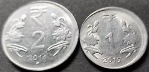 India Set of Rs 2 & 1, Error coins, 2014 & 2015, with *OFF CENTER STRIKES* (D46) - Picture 1 of 2