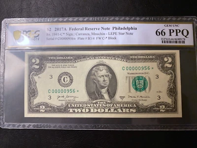 2017  $2 Star Note PCGS 66 PPQ 956* Star Two Dollars 3 Digits Lucky $2 Note HIGH - Image 1 of 3