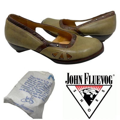 John Fleuvog Freedom Collection Talla 7.5 Art to Wear Cuero Oliva Tacones Zapatos Foto 1 de 4