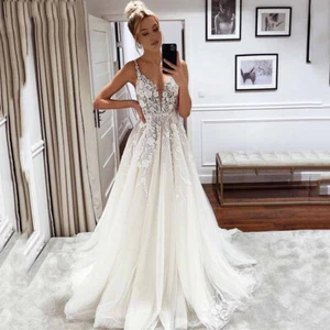 Sleeveless Boho Wedding Dresses Lace Appliqued A Line Sweep Train Bridal Gowns - Picture 1 of 17