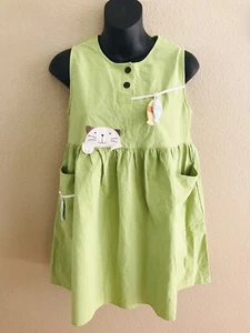 HIKOSEN CARA Girls Kids Dress Size Large L Green Sleeveless Cat Design Pockets - Picture 1 of 6