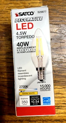 Satco S29877 - 4.5W Torpedo 40W Candelabra LED Warm White - Image 1 of 4