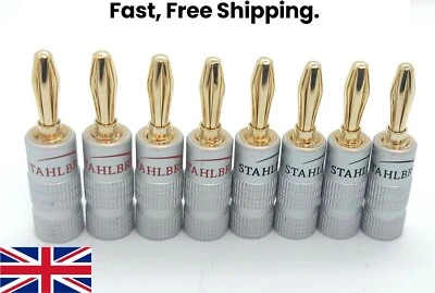 Stahlbrite Gold Plated Banana Speaker Plugs HiFi Pro Quality Red/Black Pack of 8 - Image 1 of 2
