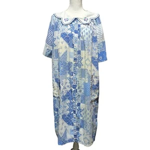 Vtg Smart Time Womens Sz XL Blue White Patchwork House Dress Floral Collar USA - Picture 1 of 12