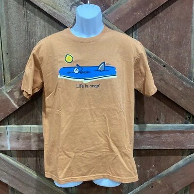 LIFE IS CRAP Vintage Shark Ocean T-Shirt Large Orange Peach Medium NEW Unisex - Image 1 of 4