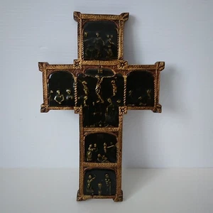 Grande Negro Hecho en Cruz en España - Madera Pintada + Incrustación - 14" de Alto por 9" de Ancho - Colgado en la Pared - Imagen 1 de 15