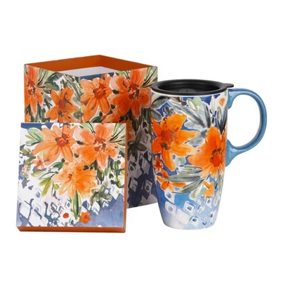 Taza de viaje de cerámica 17 oz taza de porcelana tapa mango flor naranja caja de regalo 6,5 pulgadas Foto 1 de 4