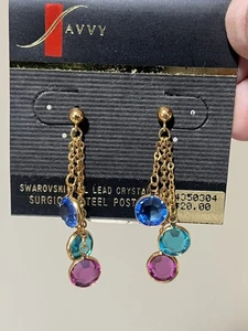 Orecchini Pendenti Vintage Savvy Cristallo Swarovski Tono Oro Acciaio Chirurgico - Foto 1 di 4