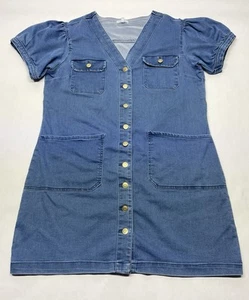 Denim Blue Jean Puff Sleeve Button Front Shirt Dress Size L Fall Western Preppy - Picture 1 of 20