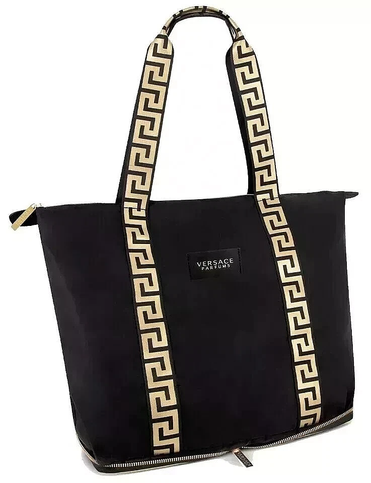 Versace Parfums Folding Tote Bag Black Gold Handbag Travel Case Faux Leather
