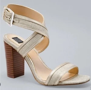 WHITE HOUSE BLACK MARKET Gold "Parker" Crossed Strap Block Heel Open Toe 9.5M - Picture 1 of 18