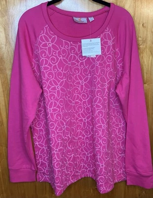 Quacker Factory Pink XL Sweater W/ Embroidered Floral Pattern, Rhinestones  - Image 1 of 4