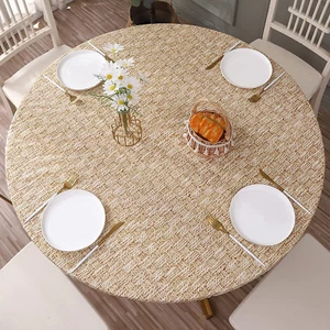 Round Vinyl Fitted Tablecloth with Flannel Backing Elastic Edge Design Table Cov - Picture 1 of 12