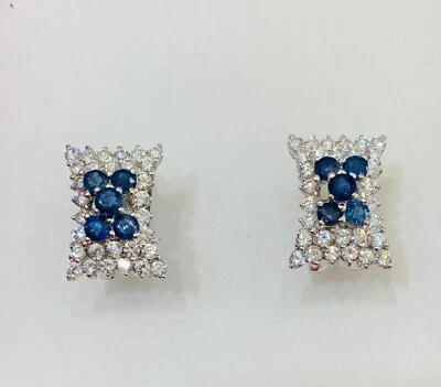 12K Solid White Gold Cluster Rectangle Earrings Natural Sapphire & White Stone6. - Image 1 of 4