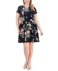 Jessica Howard Plus Size Printed Jewel-Neck Dress Womens 20W Navy Multi Back Zip - Picture 1 of 17